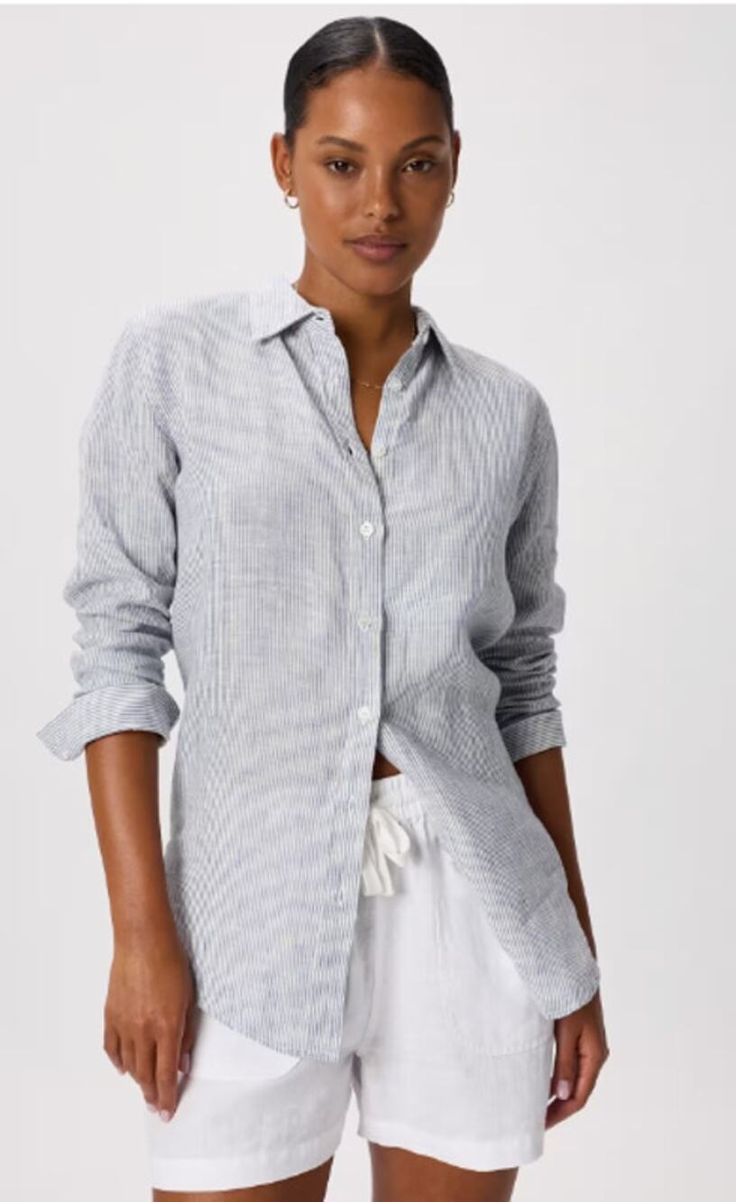 Quince 100% European Linen Long Sleeve Shirt Top Blue Pinstripe Women's Medium